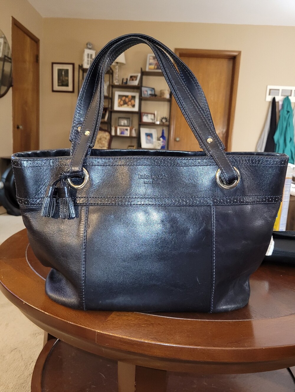 Kate Spade Black Leather Tote With Beautiful Floral Interior.